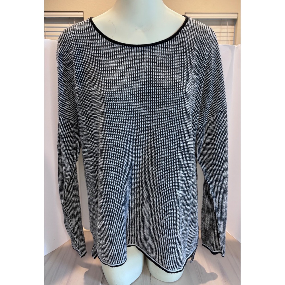 Eileen Fisher Black White‎ Textured Knit Tunic Sweater Scoop Neck L Minimalist